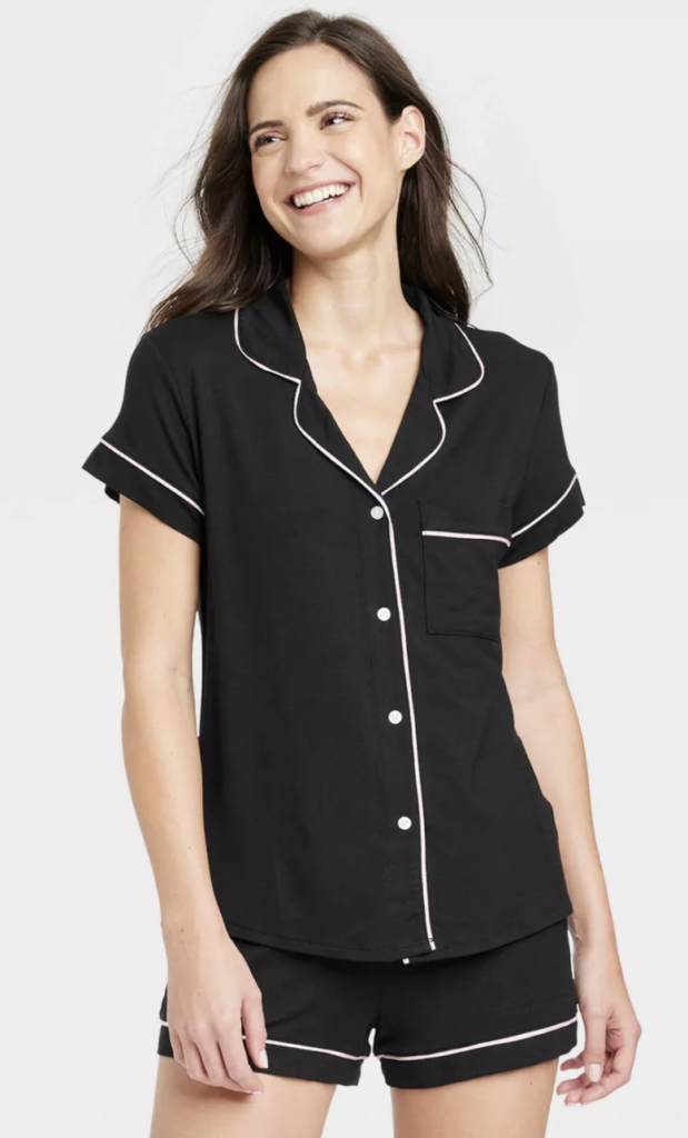 model in postpartum button up pajama set 
